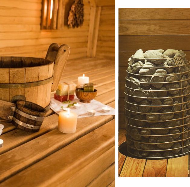 Koláž fotiak zo saunovej dekorácie a kameňov.